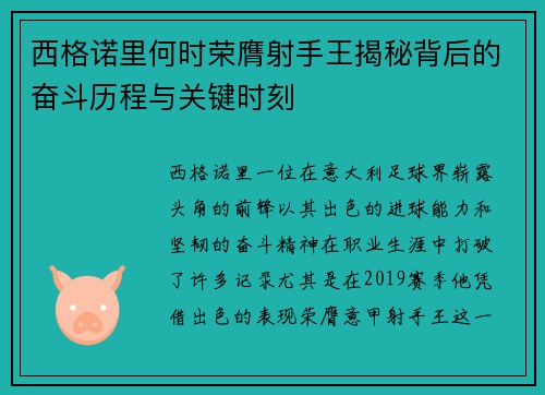 西格诺里何时荣膺射手王揭秘背后的奋斗历程与关键时刻